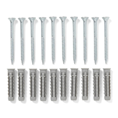 Sx Plus 8 K plug top wall plug set with matching metal screws, grey plastic plugs, shown in a top view