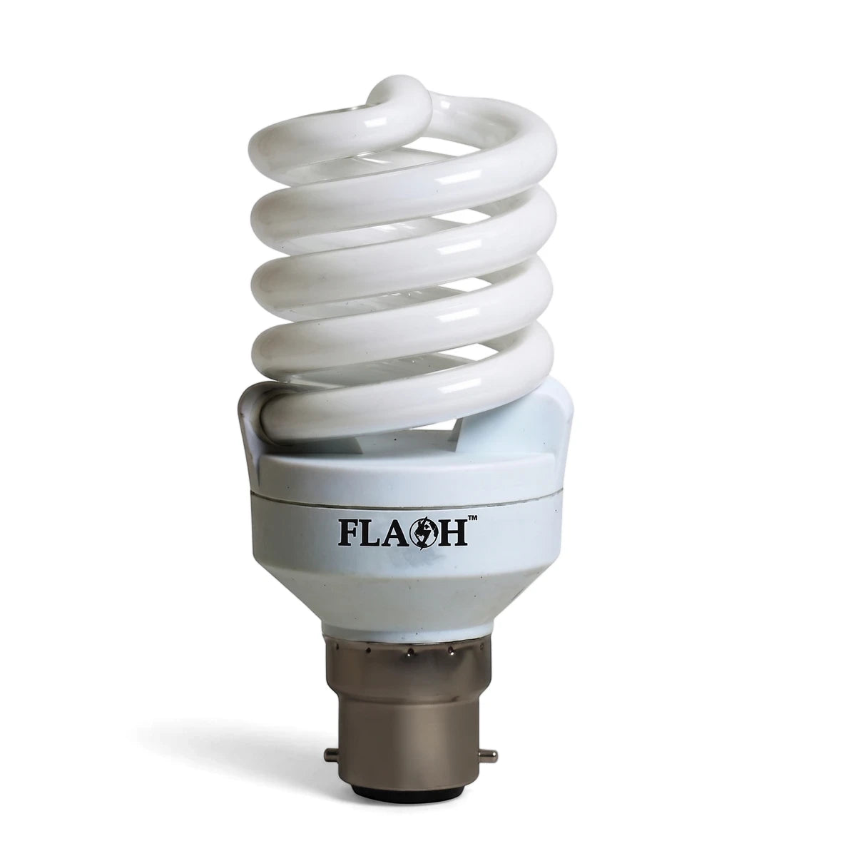 White T2 Full Spiral 25W B22 compact fluorescent light bulb with a silver bayonet base, shown upright.