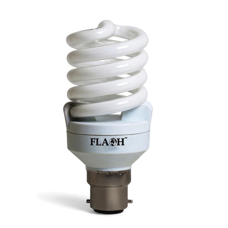 White T2 Full Spiral 25W B22 compact fluorescent light bulb with a silver bayonet base, shown upright.