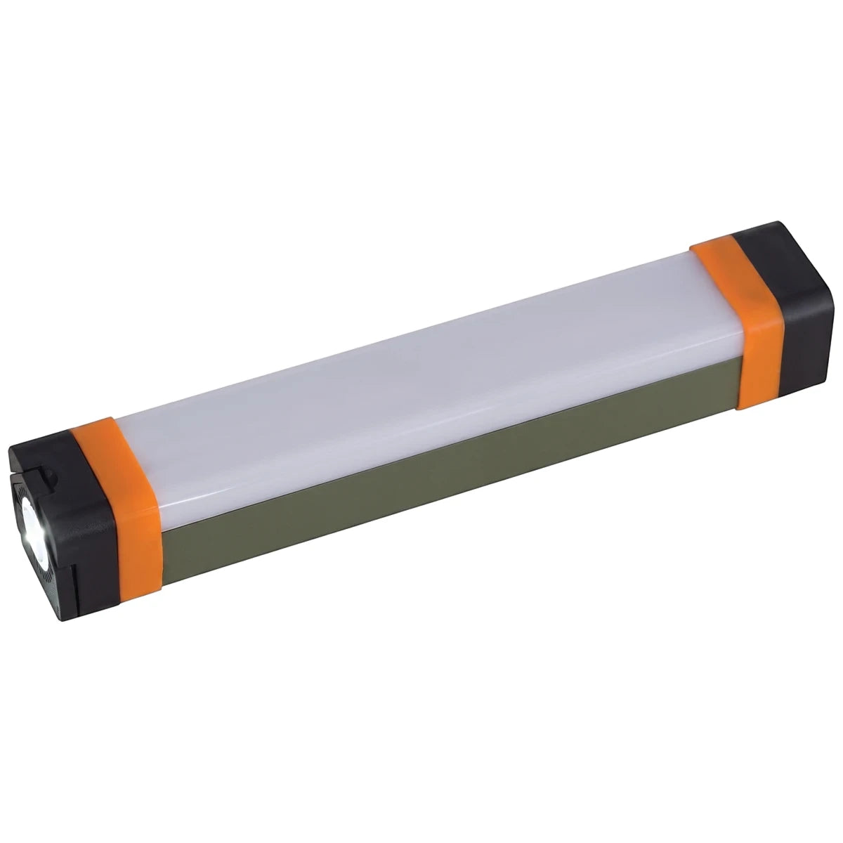Rectangular T5 emergency lamp with an olive green body, black ends, and orange accents, emitting a 6500K daylight glow.