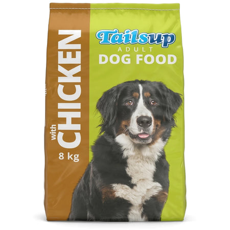 Tailsup Adult Dog Food 8 kg bag, chicken flavor, featuring a Bernese Mountain Dog on green and brown packaging.
