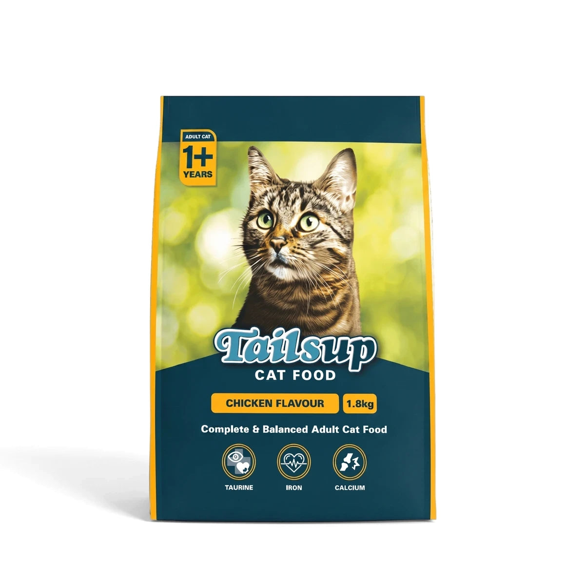Tailup With Chicken Cat Food 1.8kg bag for adult cats, featuring a tabby cat on dark blue and yellow packaging with