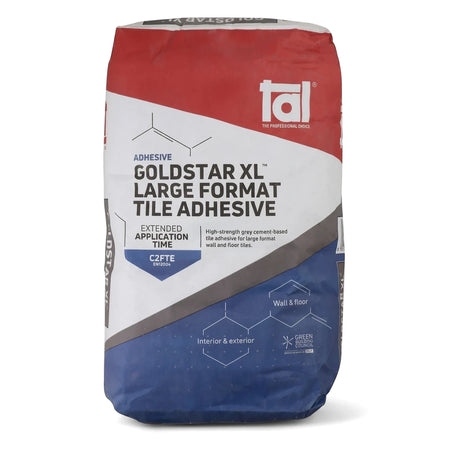 TAL Goldstar XL 20kg large format tile adhesive bag, high-strength grey cement-based, for wall and floor tiles.