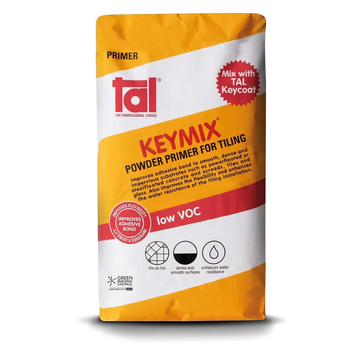 Yellow and white Keymix 20Kg Powder Primer for Tiling bag, standing upright, showcasing product details and branding.