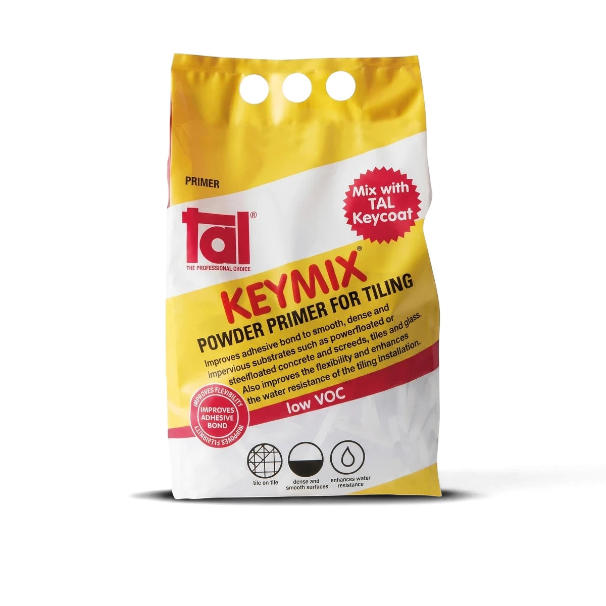 TAL Keymix 5kg powder primer for tiling in a yellow and white flexible packaging bag, standing upright on a clean surface.