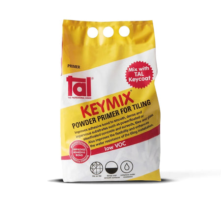 TAL Keymix 5kg powder primer for tiling in a yellow and white flexible packaging bag, standing upright on a clean surface.