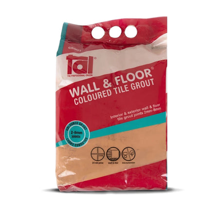 TAL Wall & Floor Coloured Tile Grout 5kg in red, white, and mushroom-colored packaging for interior and exterior use.