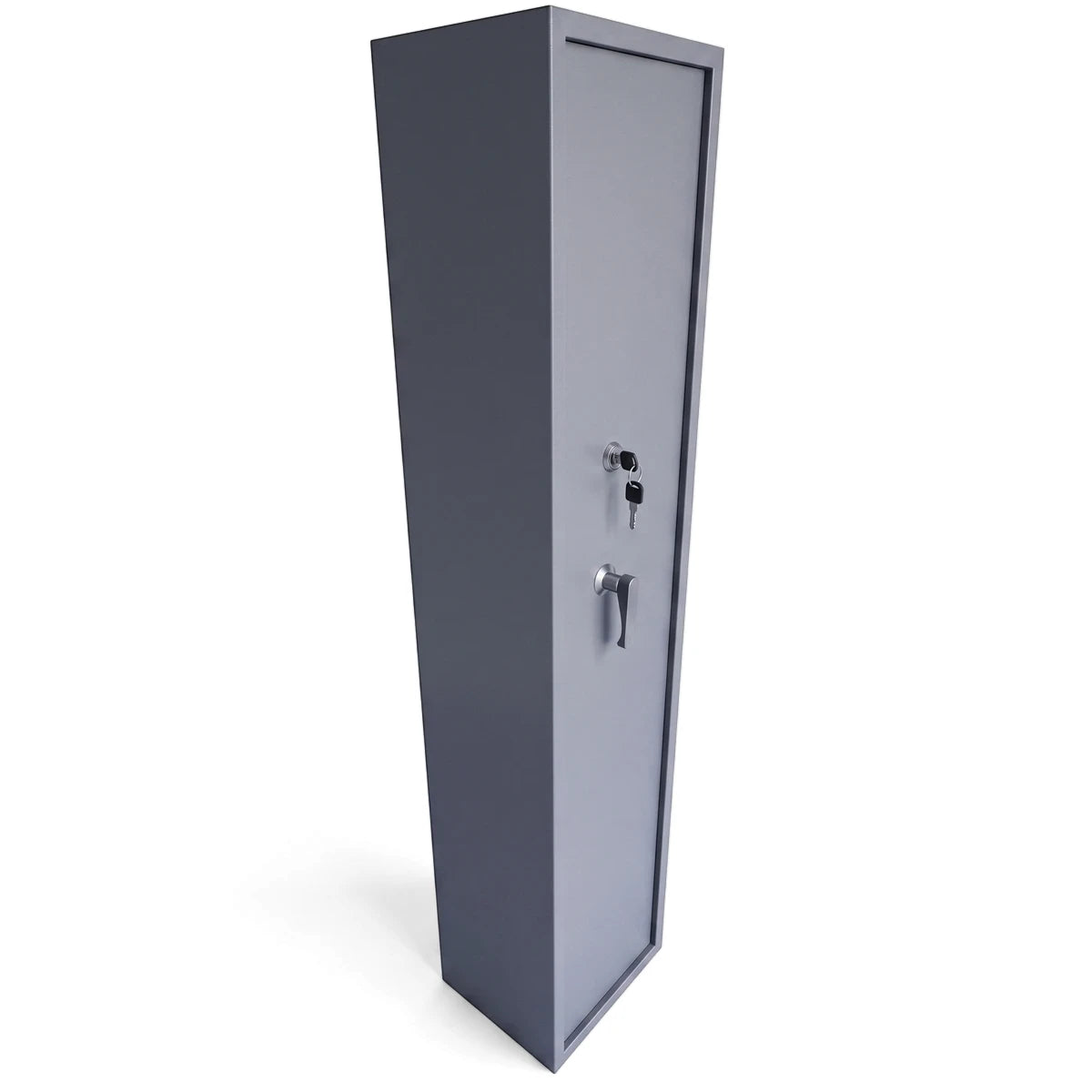 Tall dark grey 6-rifle combination security safe with a key lock and handle, viewed from an angled perspective.