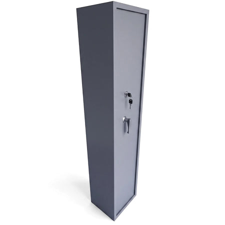 Tall dark grey 6-rifle combination security safe with a key lock and handle, viewed from an angled perspective.