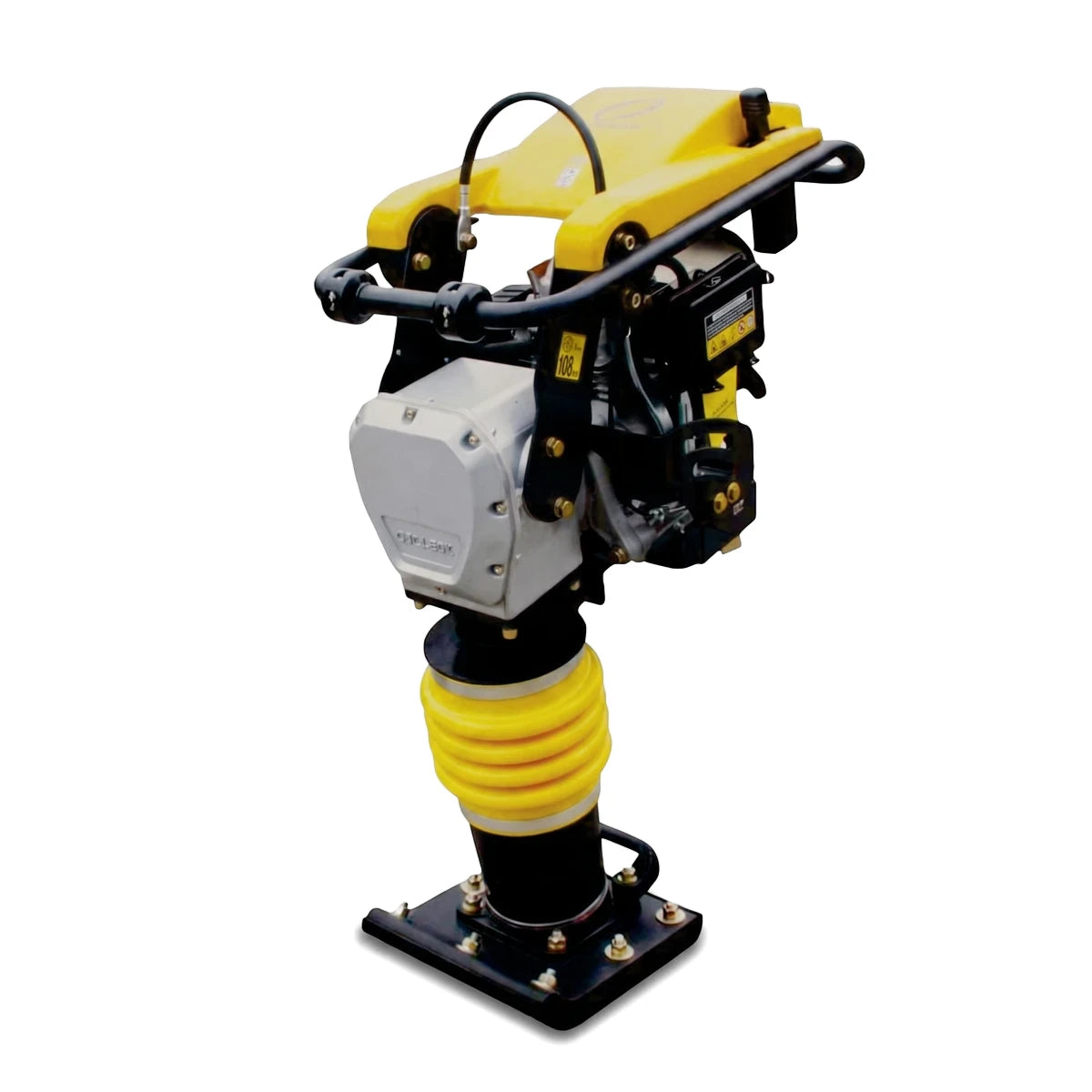 Yellow and black Tamping Rammer With Engine, a heavy-duty piece of construction equipment, standing upright with a