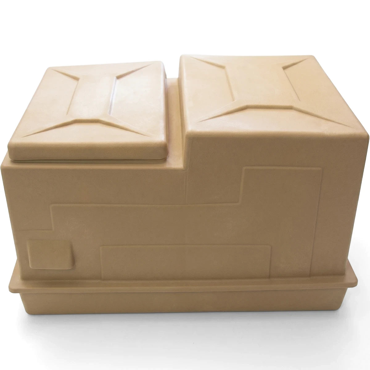 Tan plastic pool filter pump cover box designed to protect equipment. This sturdy, rectangular box has two square lids.