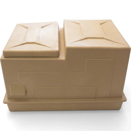 Tan plastic pool filter pump cover box designed to protect equipment. This sturdy, rectangular box has two square lids.