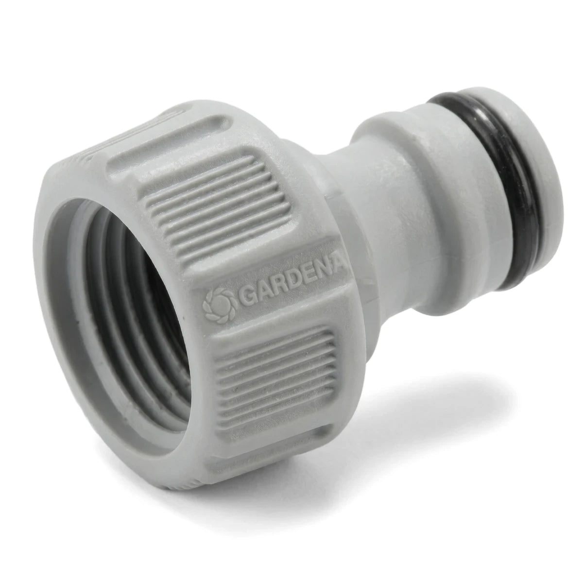 Tap Connector in white plastic with threaded female end and quick hose fitting with rubber O-ring