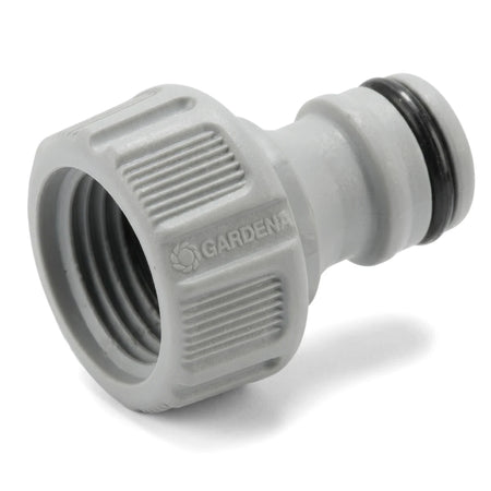 Tap Connector in white plastic with threaded female end and quick hose fitting with rubber O-ring