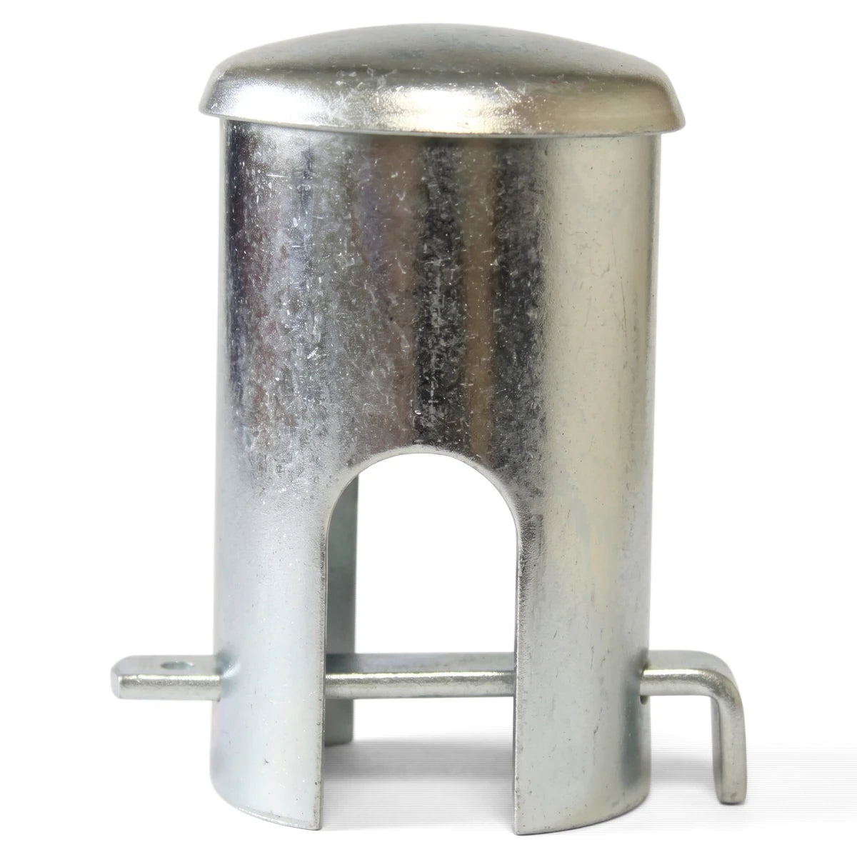 Large galvanised metal tap lock featuring a cylindrical body with arched cutouts, a domed top, and extending pins.