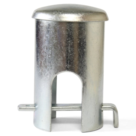 Large galvanised metal tap lock featuring a cylindrical body with arched cutouts, a domed top, and extending pins.