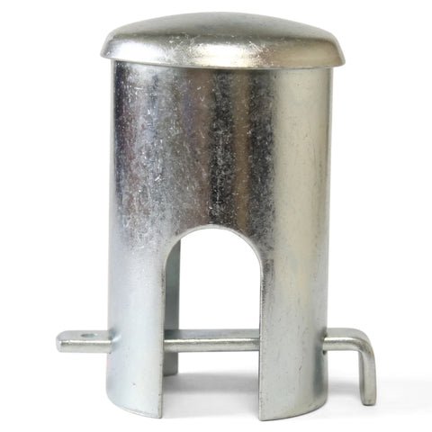 Large galvanised metal tap lock featuring a cylindrical body with arched cutouts, a domed top, and extending pins.