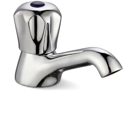 A gleaming chrome Taurus 15mm pillar tap with a single lever handle and a curved spout, presented on a white background.