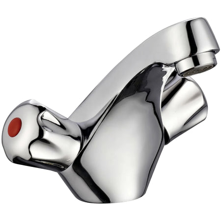 Taurus chrome basin mixer faucet with a modern curved design and single red hot water indicator on the handle.