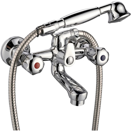 Taurus chrome bath mixer tap with a handheld shower head and flexible hoses, featuring hot and cold water controls.