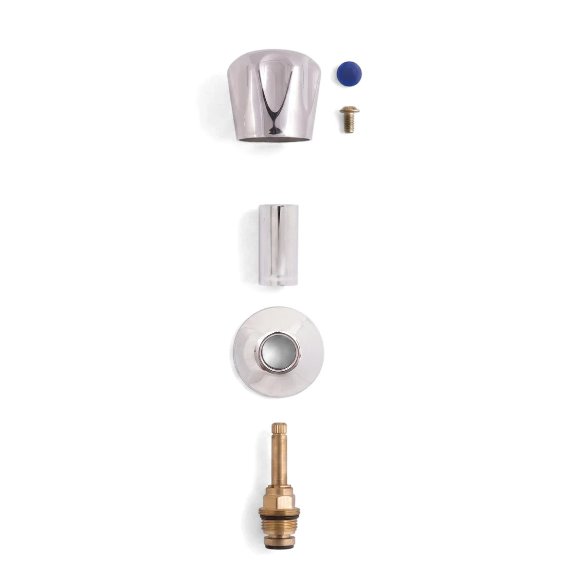 Taurus Complete Head Assembly disassembled, showing a chrome faucet handle, escutcheon, sleeve, and brass valve stem on a