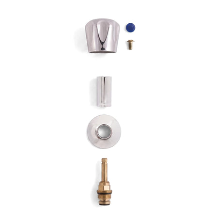 Taurus Complete Head Assembly disassembled, showing a chrome faucet handle, escutcheon, sleeve, and brass valve stem on a