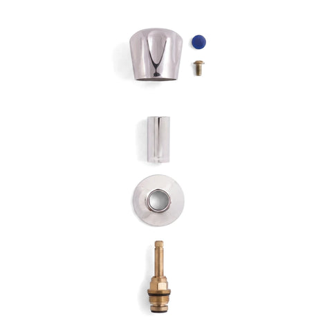 Taurus Complete Head Assembly disassembled, showing a chrome faucet handle, escutcheon, sleeve, and brass valve stem on a
