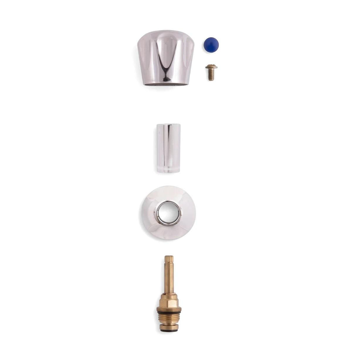 Disassembled Taurus Complete Undertile Head Assembly in chrome and brass with a blue indicator cap, laid out for inspection.