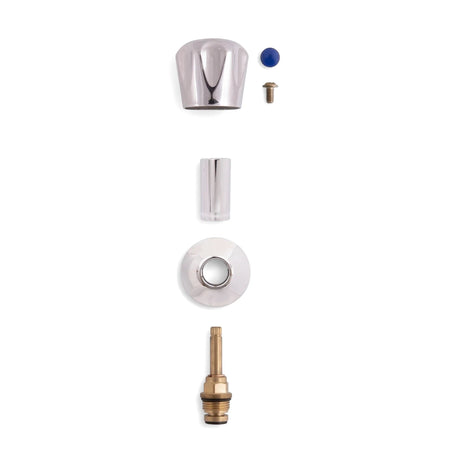 Disassembled Taurus Complete Undertile Head Assembly in chrome and brass with a blue indicator cap, laid out for inspection.