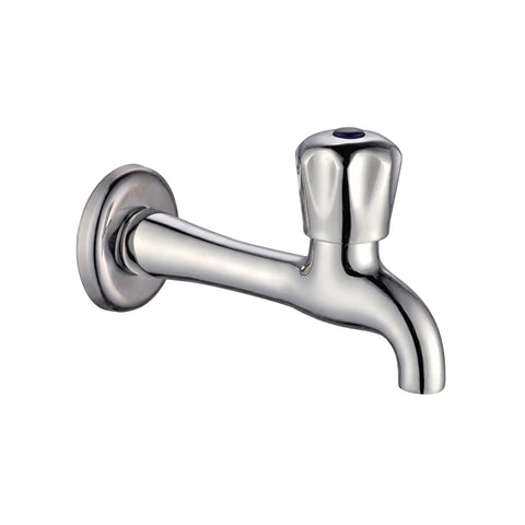 Taurus Extended Bib Tap 1/2 inch with a polished chrome finish, featuring an elongated spout and a ridged round handle.