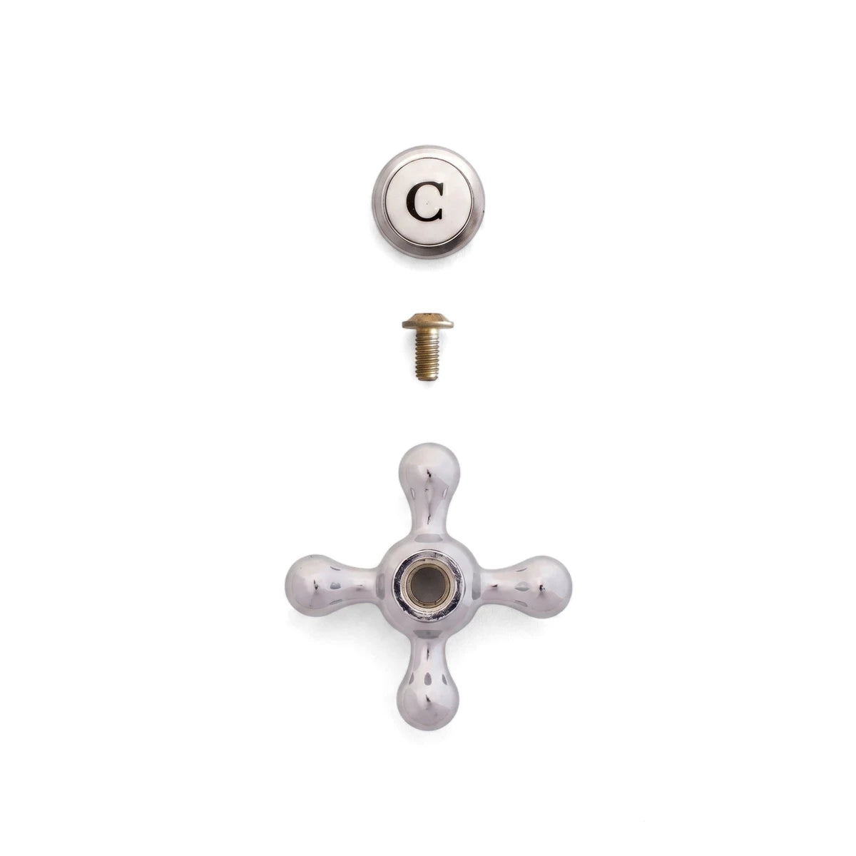 Taurus replacement faucet handle set in chrome, featuring a cross-handle, 'C' cold water indicator, and mounting screw.
