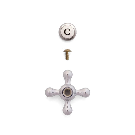 Taurus replacement faucet handle set in chrome, featuring a cross-handle, 'C' cold water indicator, and mounting screw.
