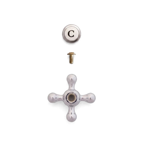 Taurus replacement faucet handle set in chrome, featuring a cross-handle, 'C' cold water indicator, and mounting screw.