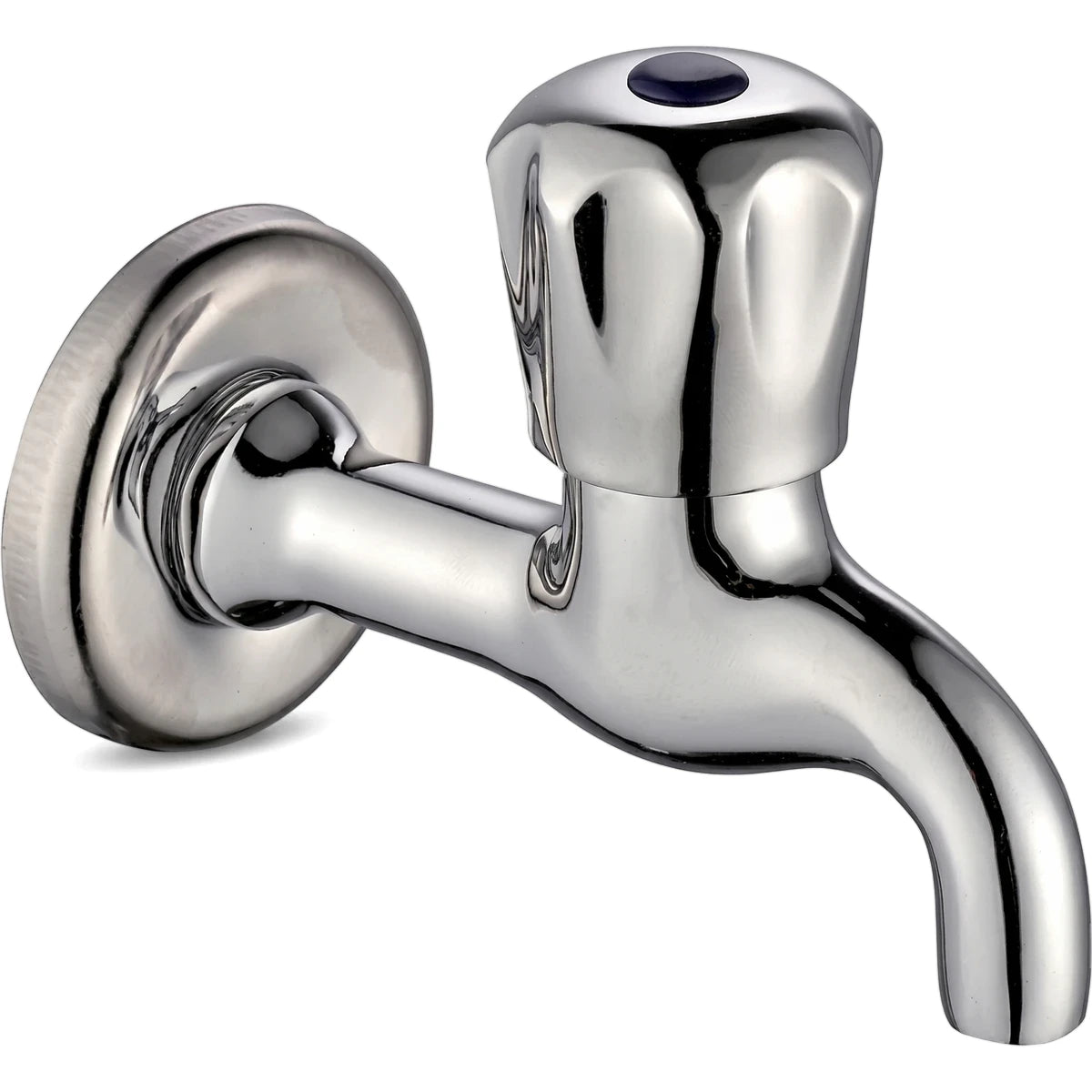 Taurus Short Bib Tap 1/2 inch with polished chrome finish and blue top on the handle, wall mounted.