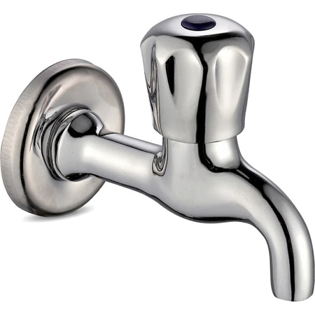Taurus Short Bib Tap 1/2 inch with polished chrome finish and blue top on the handle, wall mounted.