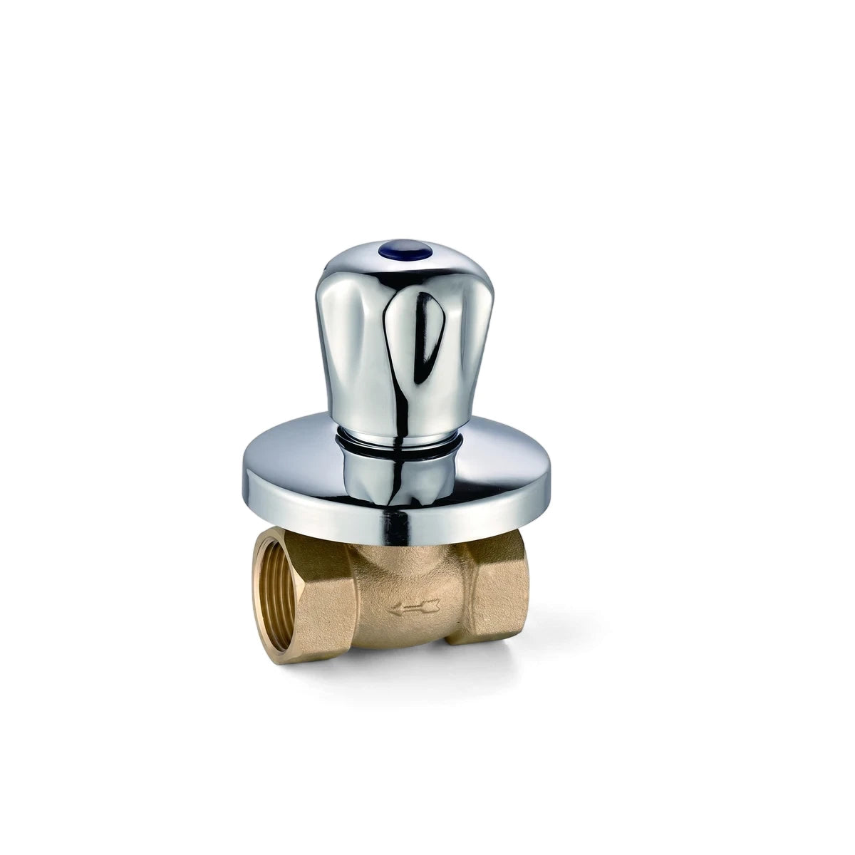 Close-up of a Taurus 1/2 inch undertile valve with a chrome control knob and brass body for plumbing installations.