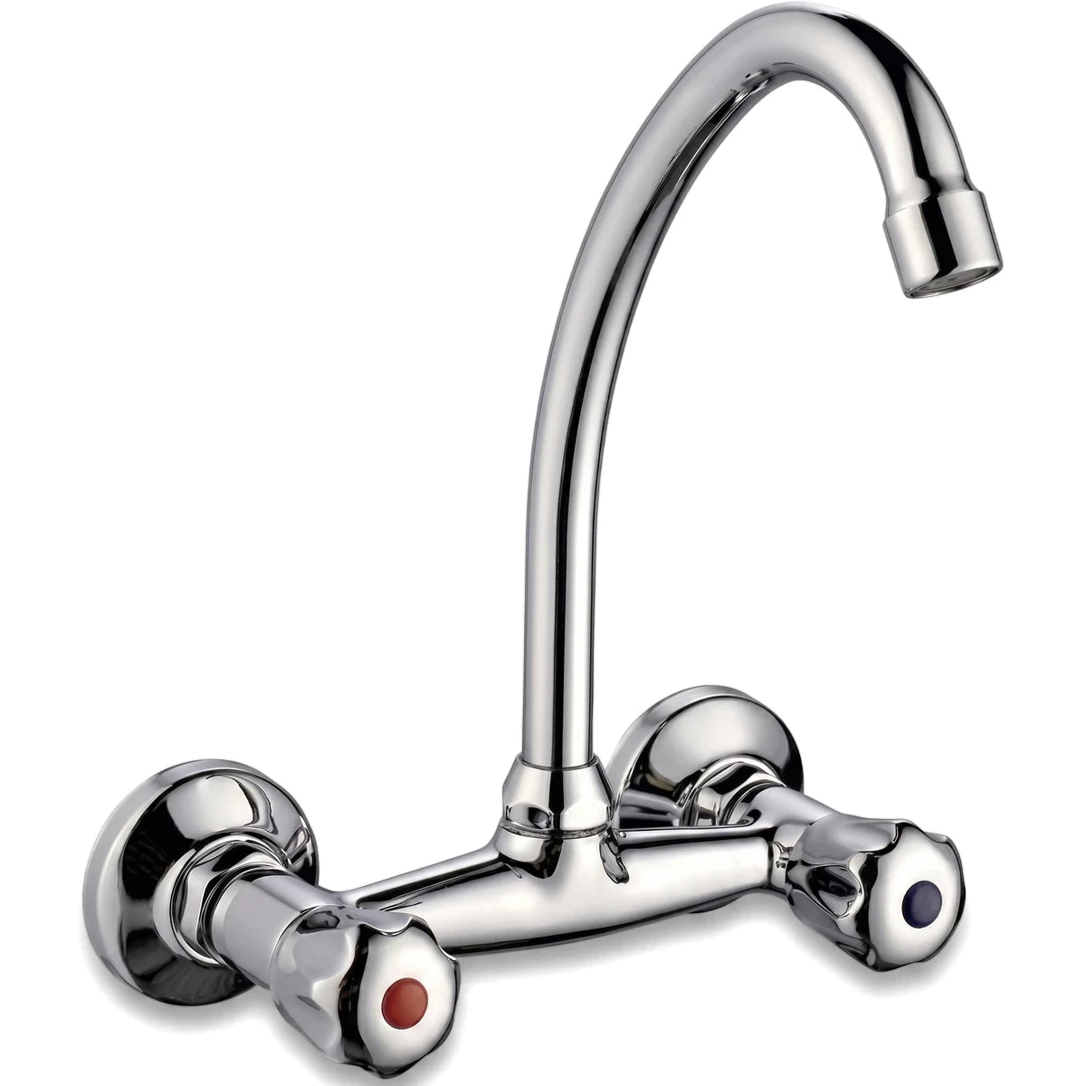 Chrome Taurus Wall-Type Sink Mixer with a high curved spout and two knob handles for hot and cold water.