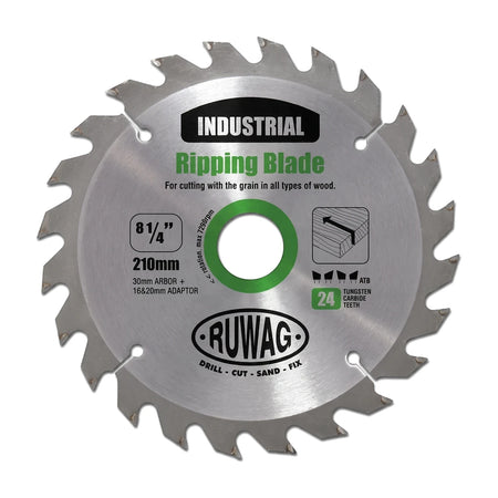 Silver Tct Profi Circular Saw Blade with 24 tungsten carbide teeth, an 8 1/4 inch diameter, and Ruwag branding for cutting
