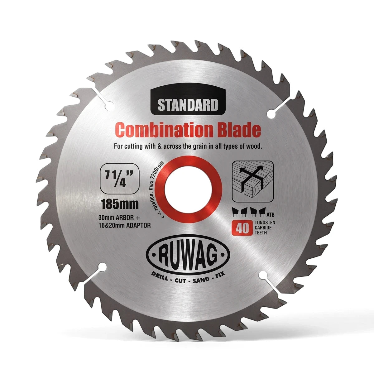 TCT Standard 7 1/4 inch 40-tooth combination circular saw blade for wood, silver with black and red branding.