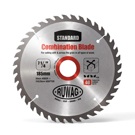 TCT Standard 7 1/4 inch 40-tooth combination circular saw blade for wood, silver with black and red branding.
