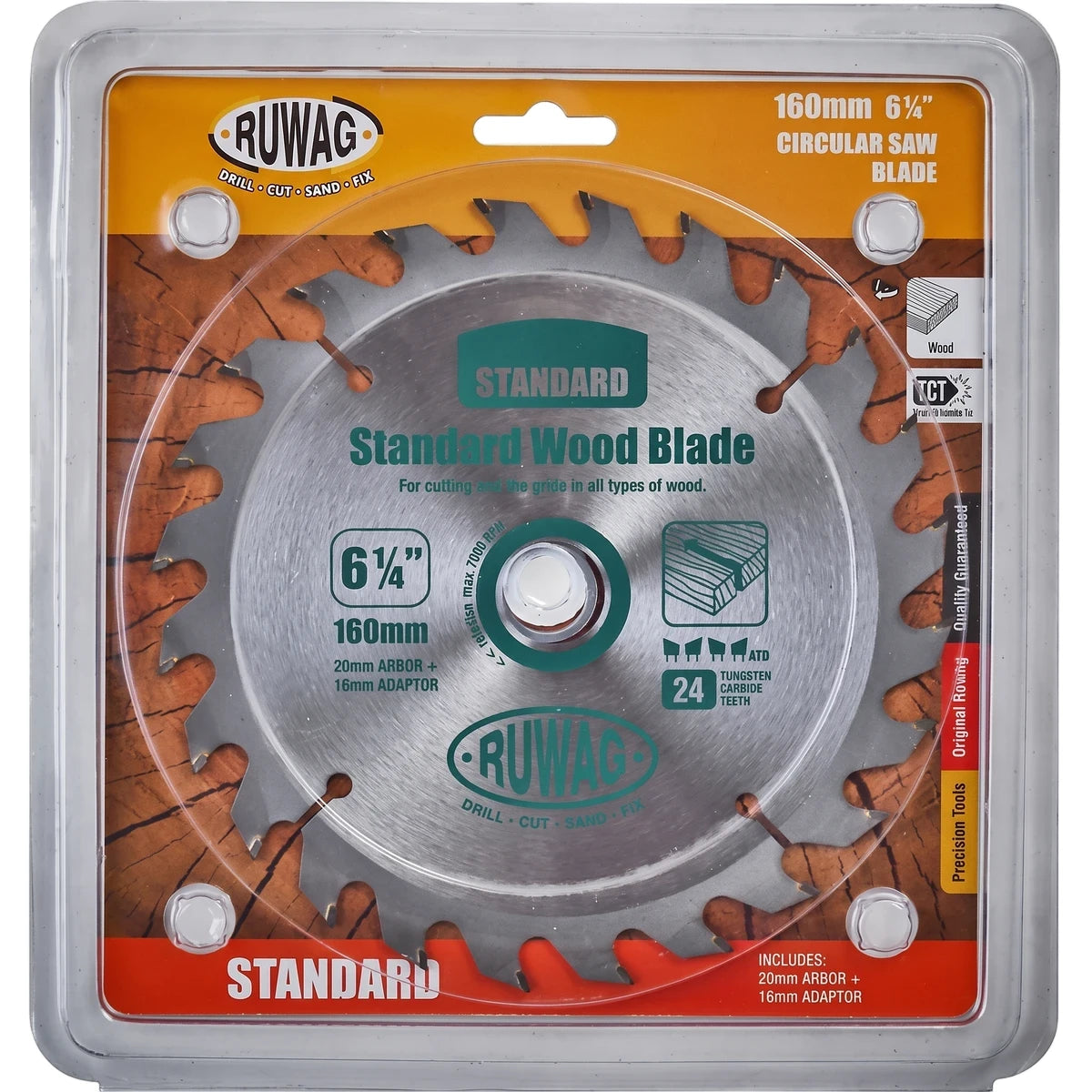 A Ruwag Tct Standard Circular Saw Blade, 160mm with 24 tungsten carbide teeth and a 20mm bore, in its retail packaging.