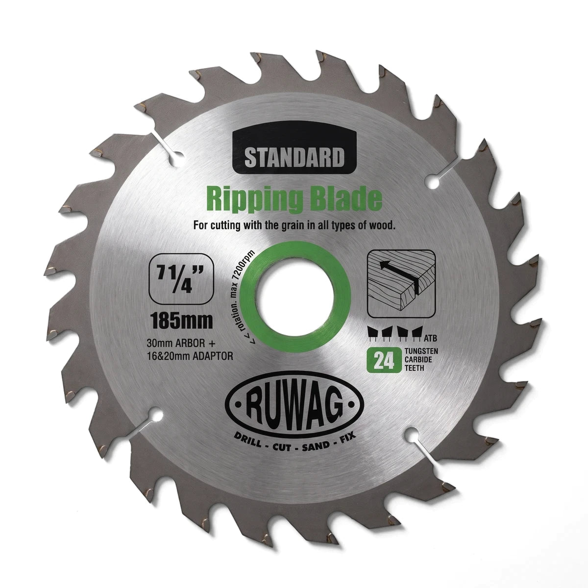Tct Standard Circular Saw Blade with 24 tungsten carbide teeth, 185mm diameter, designed for ripping wood with the grain.