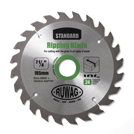 Tct Standard Circular Saw Blade with 24 tungsten carbide teeth, 185mm diameter, designed for ripping wood with the grain.