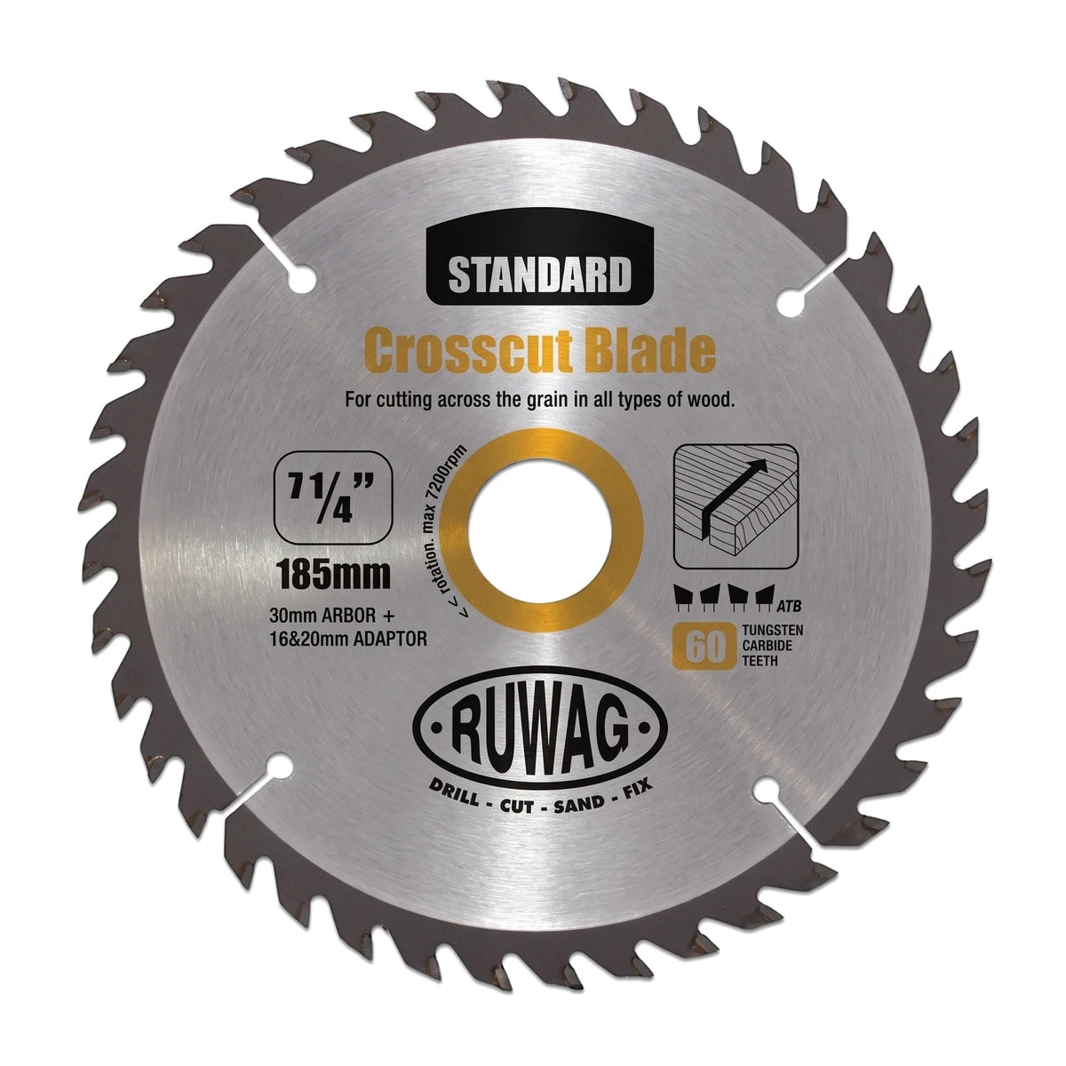 A 185mm Tct Standard Circular Saw Blade with 60 tungsten carbide teeth and a 20mm bore, featuring RUWAG branding for