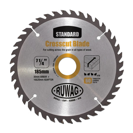 A 185mm Tct Standard Circular Saw Blade with 60 tungsten carbide teeth and a 20mm bore, featuring RUWAG branding for