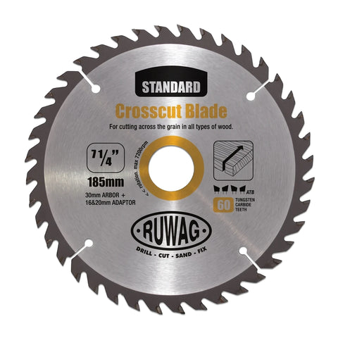 A 185mm Tct Standard Circular Saw Blade with 60 tungsten carbide teeth and a 20mm bore, featuring RUWAG branding for