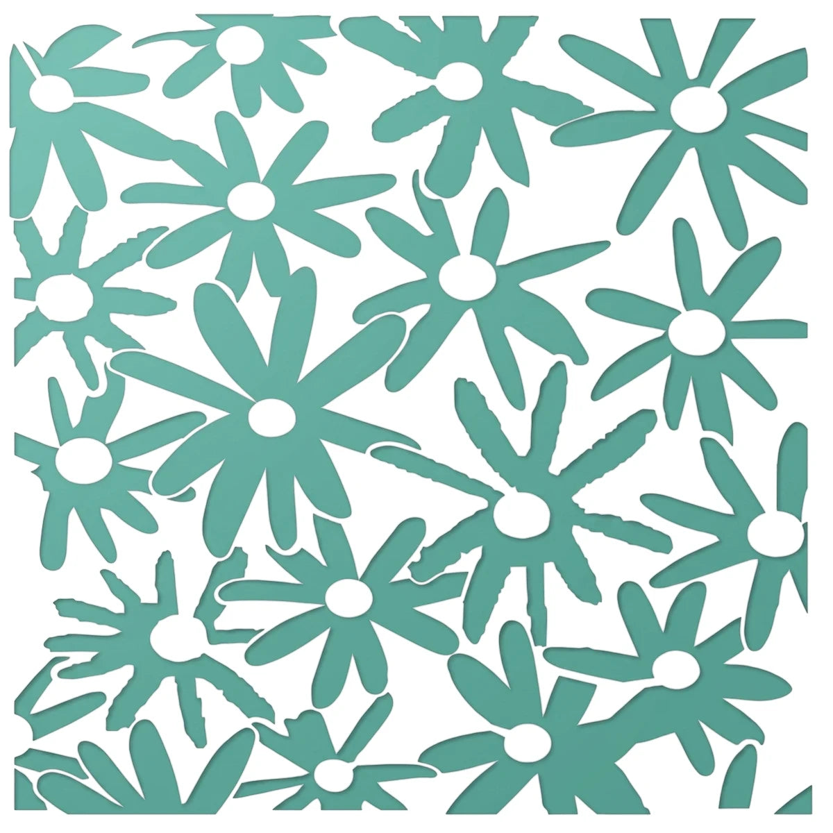 A dense pattern of teal daisy-like floral shapes with white centers on a white background, forming a paint stencil design.
