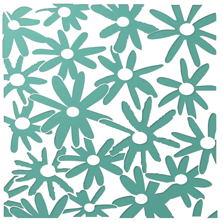 A dense pattern of teal daisy-like floral shapes with white centers on a white background, forming a paint stencil design.
