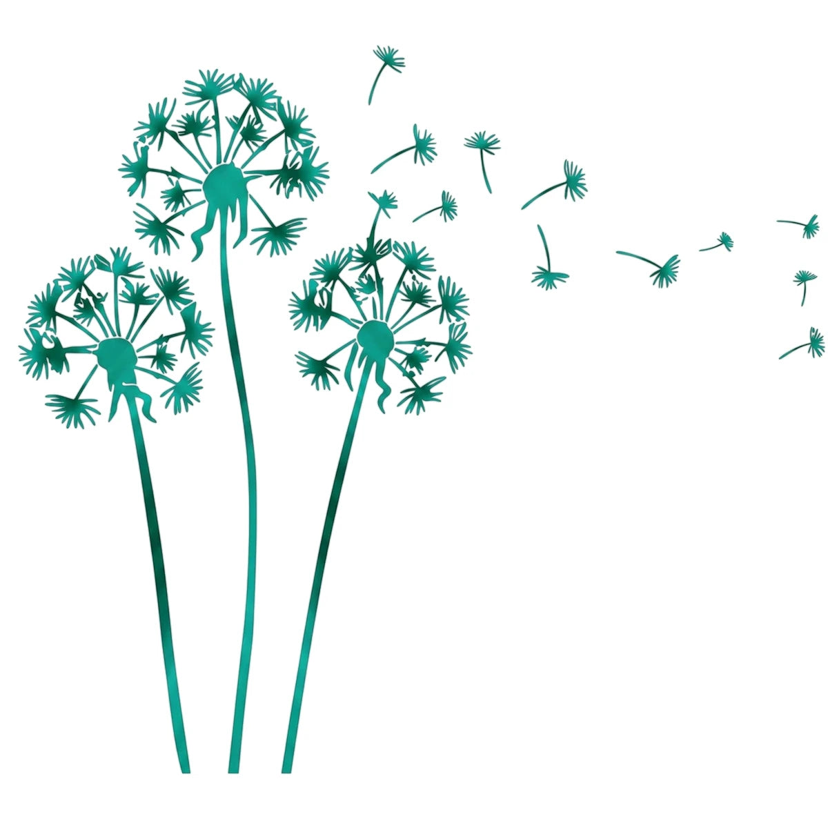 Three teal dandelion paint stencils with seeds blowing, designed for decorative wall art and creative projects.