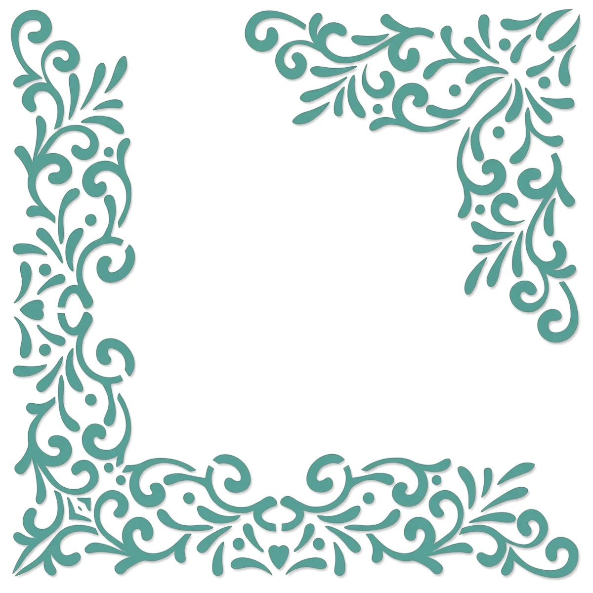 Teal floral scrollwork paint stencil, featuring elegant corner designs for crafting and decorative projects.
